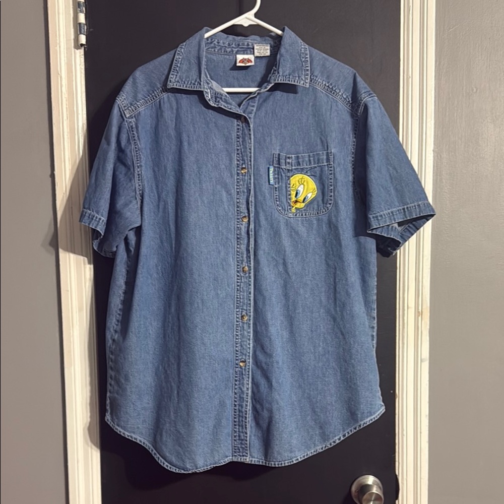Looney Tunes Y2K Tweety Bird Short Sleeve Denim Button Down Vintage Size: 18/20